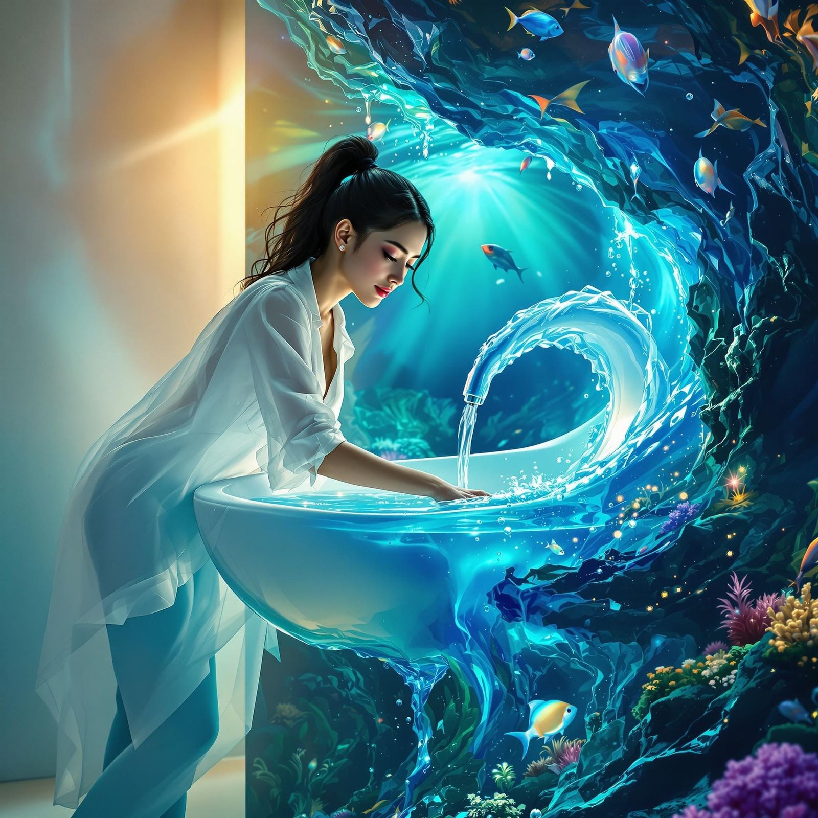 Surreal Underwater Cave Transformation with Glowing Fish