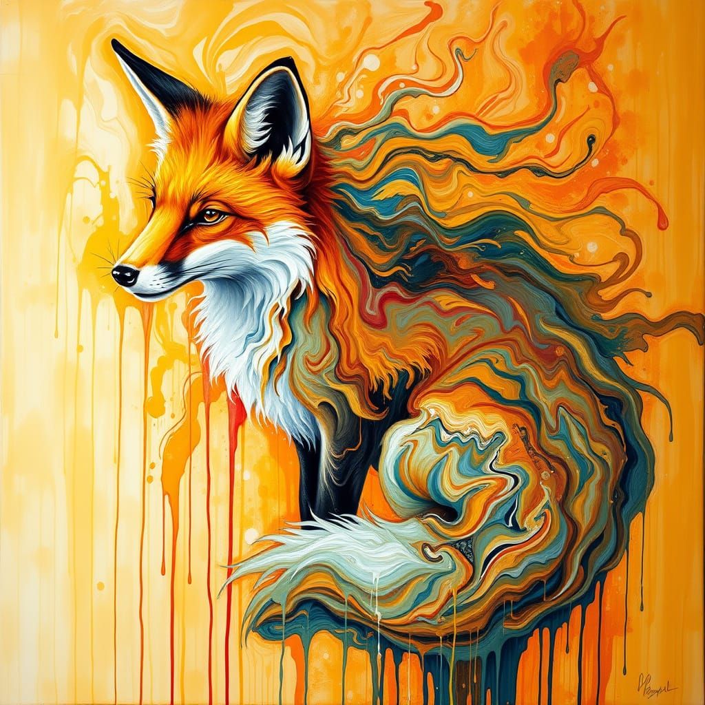 Majestic Fox in Liquid Paint Landscape