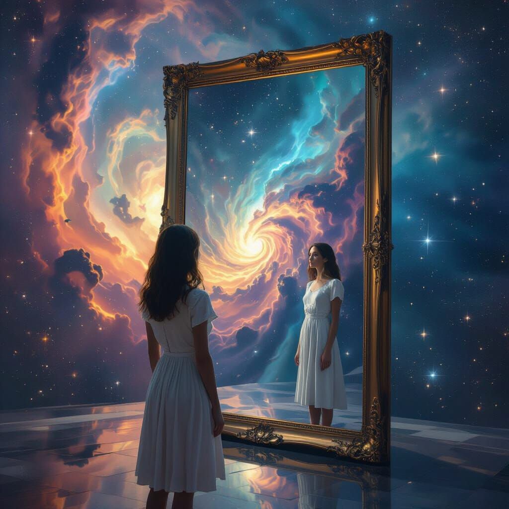 Woman Gazes Into Infinite Mirror and Starry Nebula