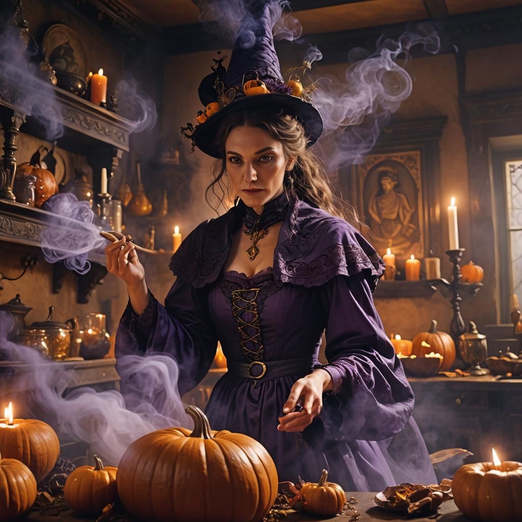 Victorian Witch Swirling Magic in Ornate Kitchen