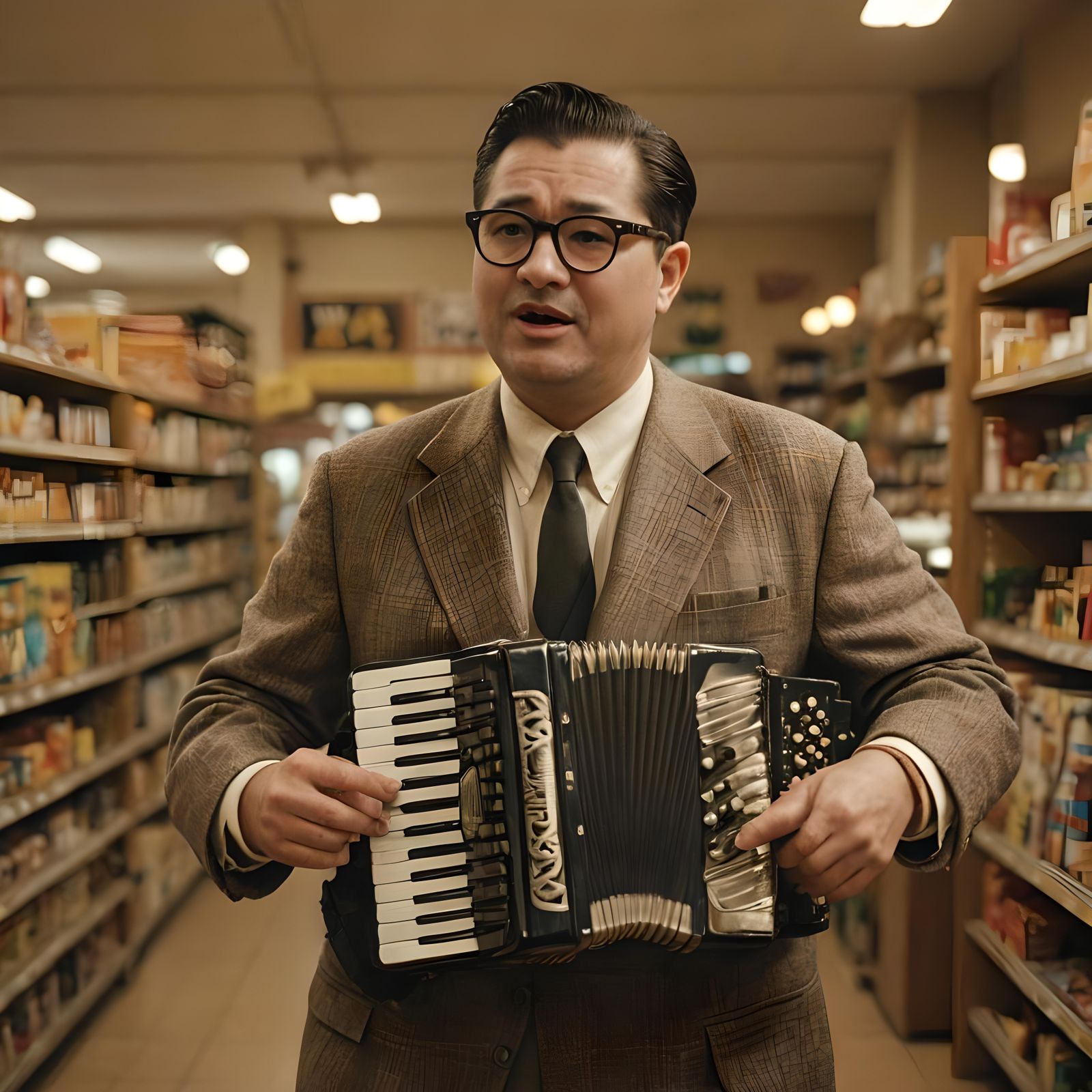 1950s Man Playing Accordion in Grocery Store
