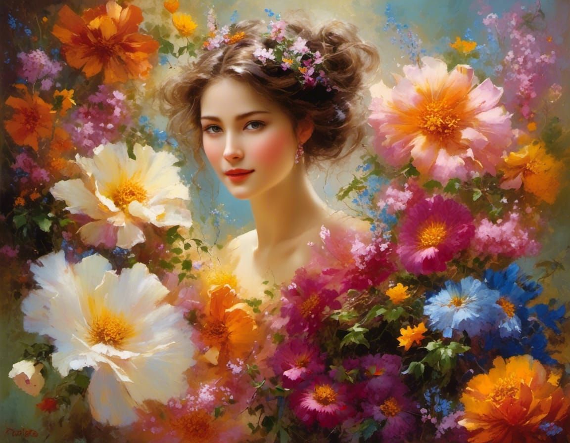 picture of happiness, among flowers, hope, hopeful, joy, understanding, warm colors, view from front, mid shot, masterpi...