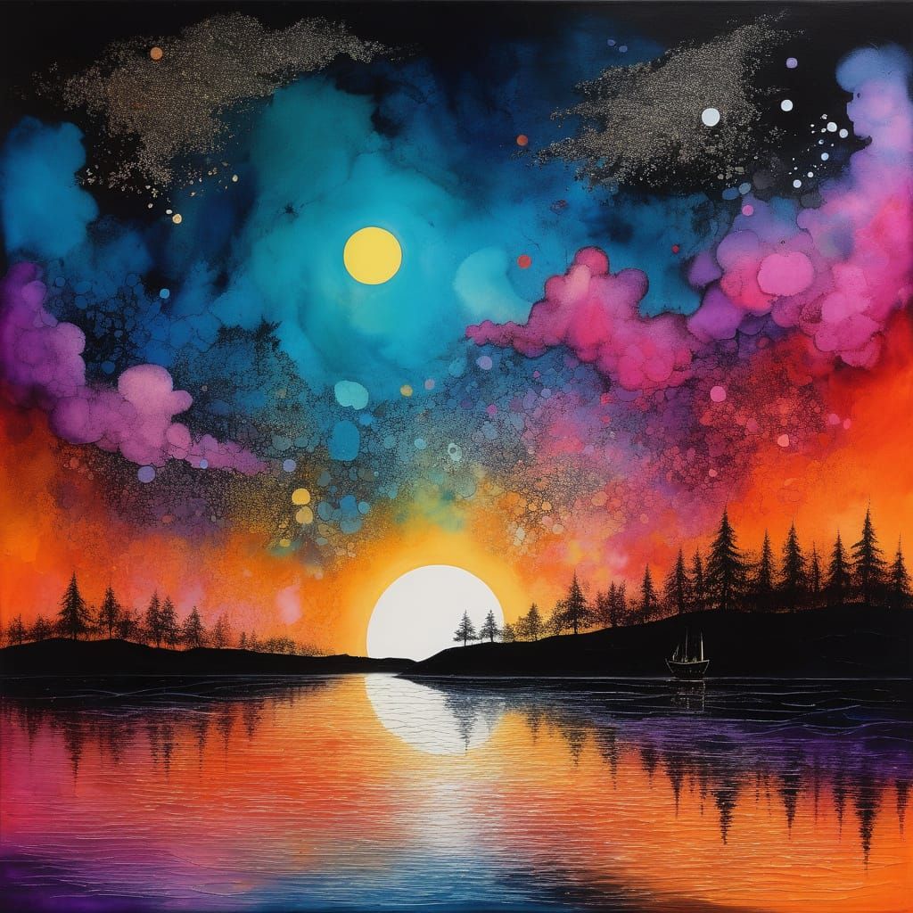 Gaul Village Sunset: Acrylic Art in Ghibli Style