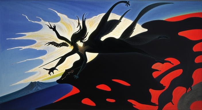 Crimson-Solarpunk Devil's Love: Precisionist Painting