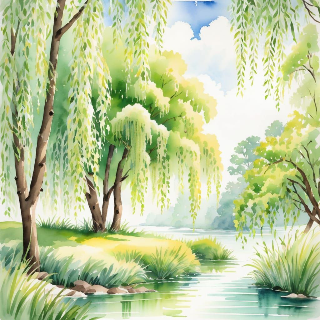 Watercolor springtime 21st century library of the willow tree stands beside the river of my salvation