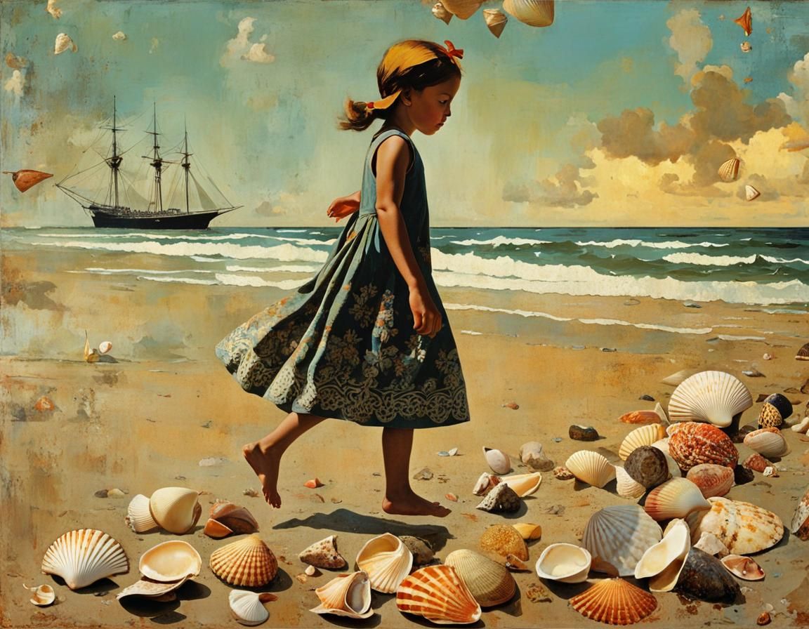 Girl Collecting Shells on Beach in Collage Style