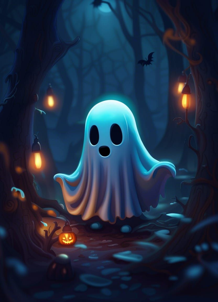 Cute Halloween Ghost in Dark Forest Illustration