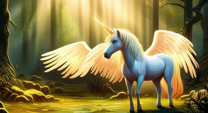 Cute Unicorn with Golden Wings in Forest, Hyperrealistic