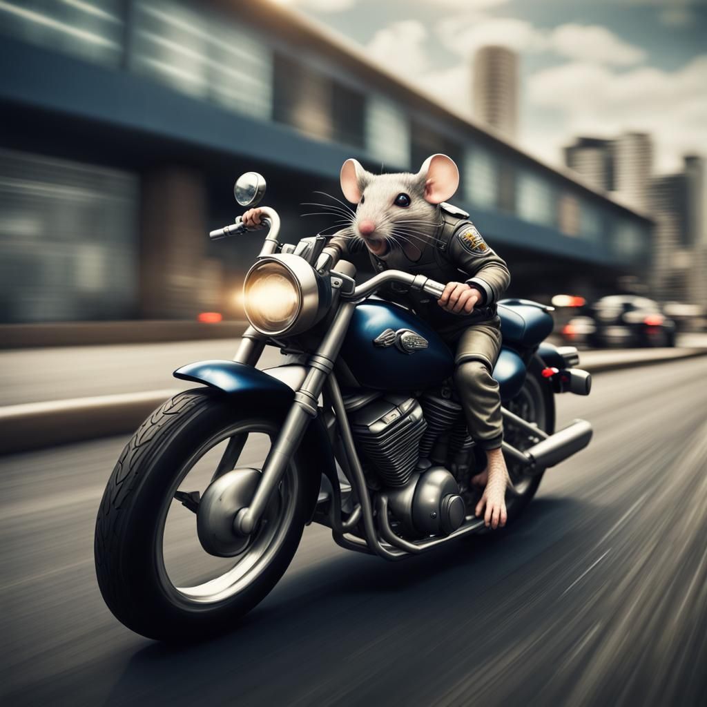 Mouse on Motorcycle Evades Police: Hyperrealistic Image