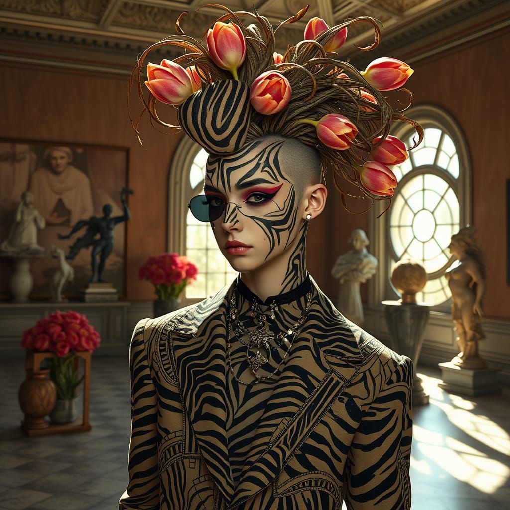 Teenage Boy in Art Gallery: Photorealistic Botanical Style