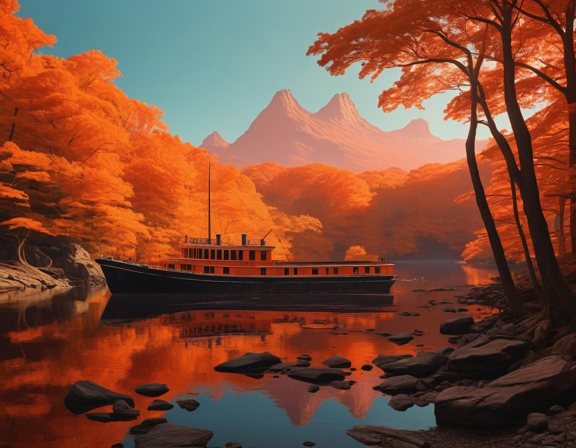 Minimalist Shipwreck in Warm Orange Vaporwave Style