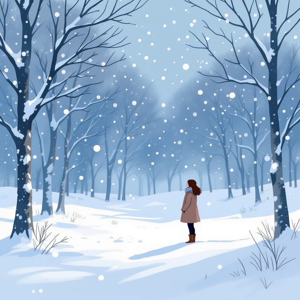 Serene Snow Scene in Whimsical Watercolor Style