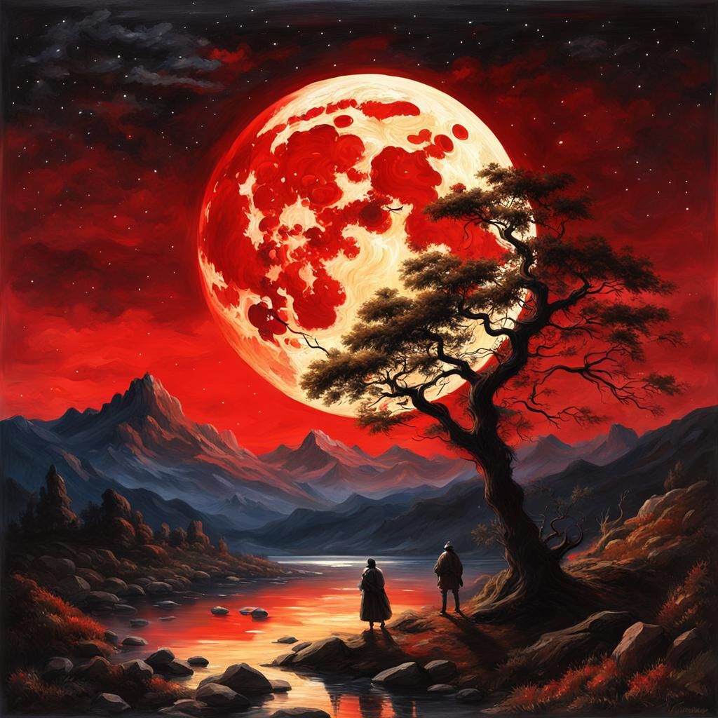 Blood Moon Landscape: Oil Painting Masterpiece