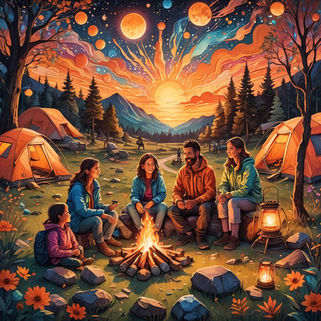 Cosmic Family Camping Illustration with Sunset