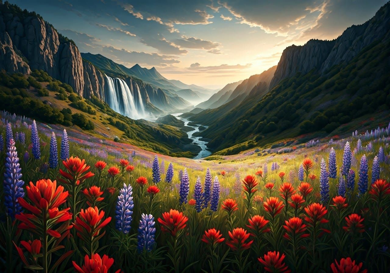Watercolor Meadow with Wildflowers and River Valley