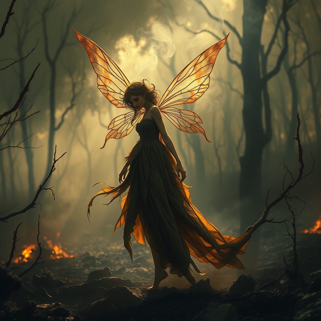 Smoke Fairy in Charred Forest: Digital Art