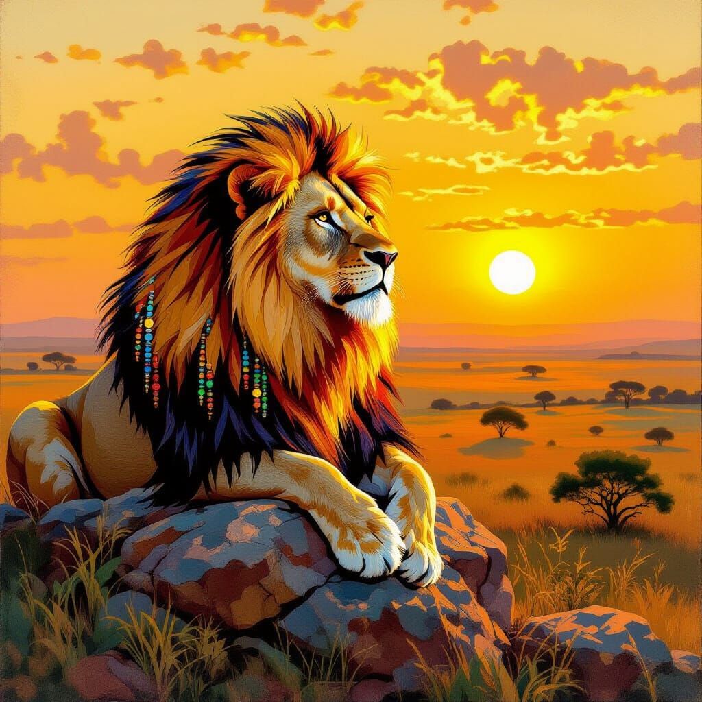 Lion with Beaded Mane in Klimt Style