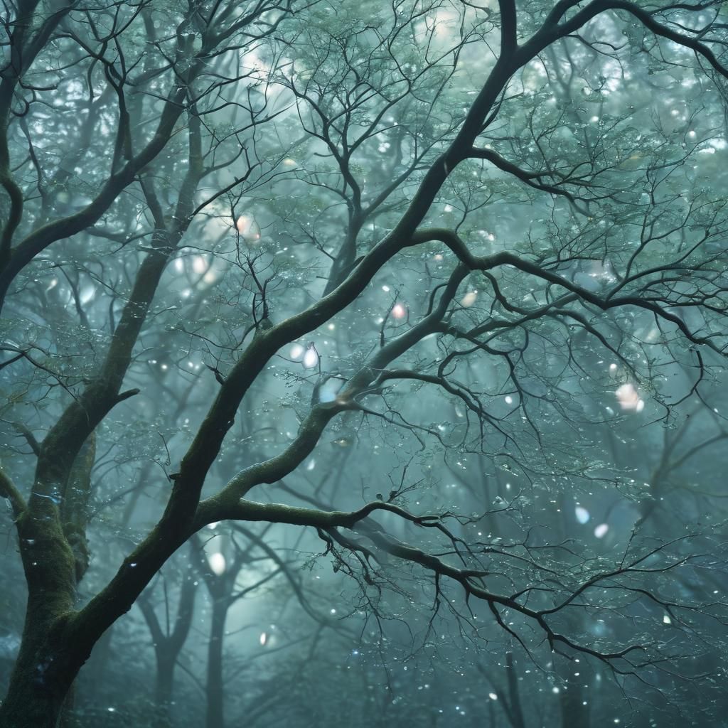 Ethereal Iridescent Tree in Misty Forest Concept Art