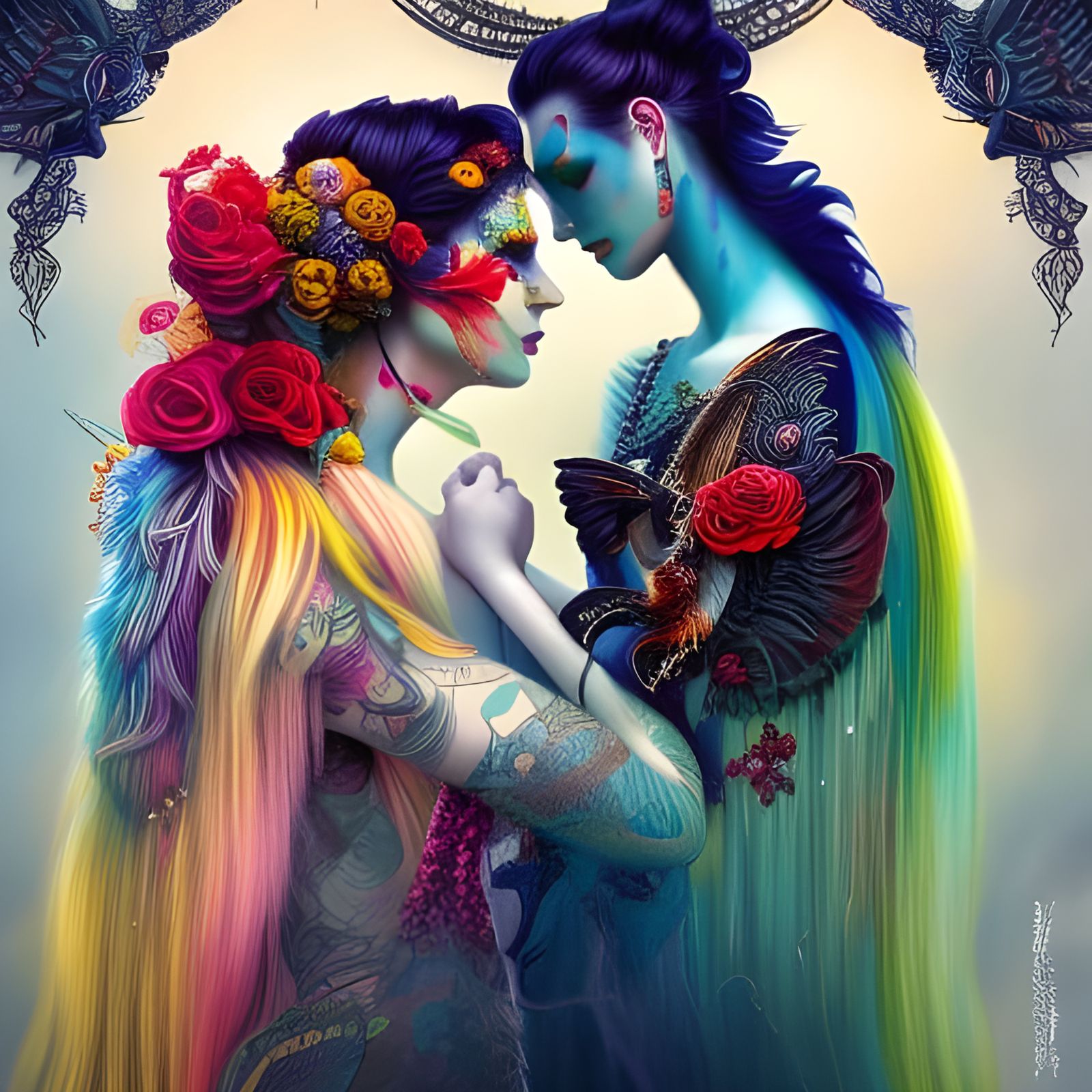 Lesbian Lovers with Pagan Tattoos: Digital Art