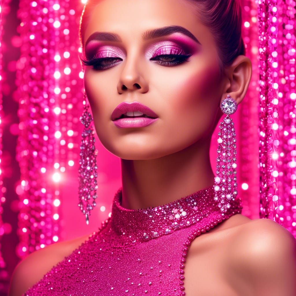 Pop Star in Pink Glitter Makeup, Hyperrealistic Portrait
