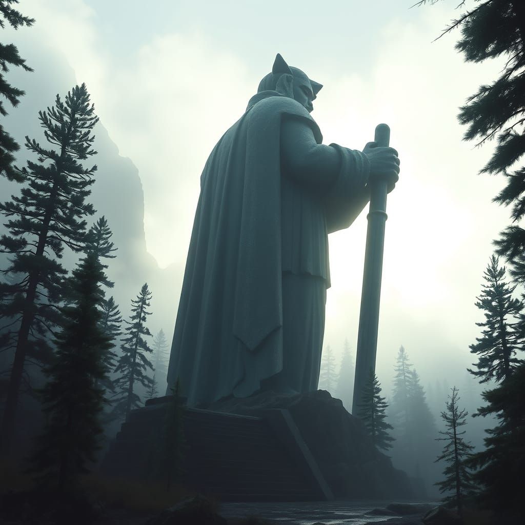 Colossal Guardian Statue Over Misty Valley at Dawn