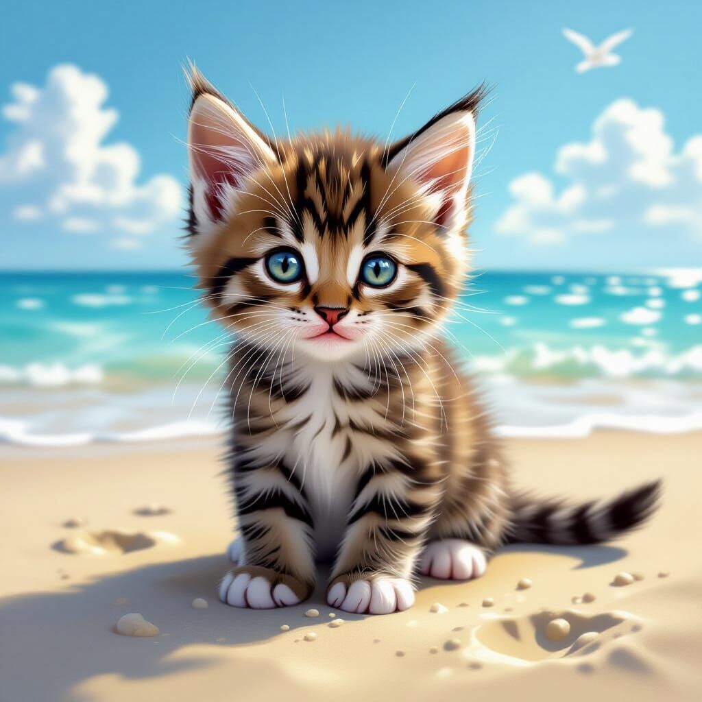 Kitten on the Beach in Realistic Style