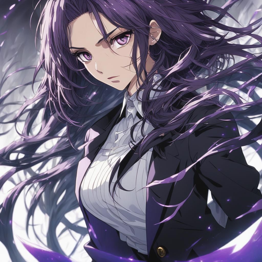 Attractive Girl in Suit with Purple Eyes, Anime Style