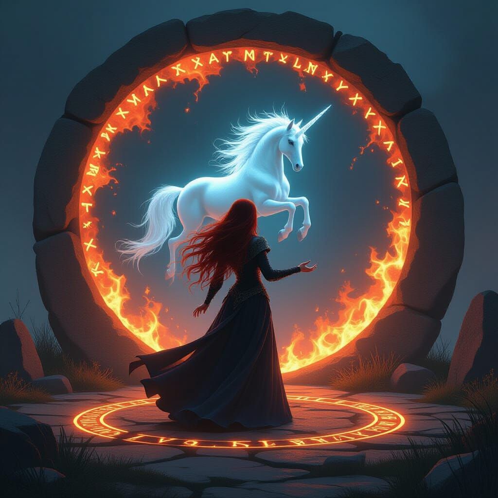 Sorceress Summons Spectral Unicorn in Dark Fantasy Art