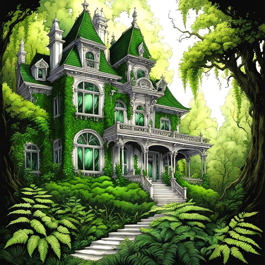 White fantasy fairy victorian mansion, beautiful green ferns