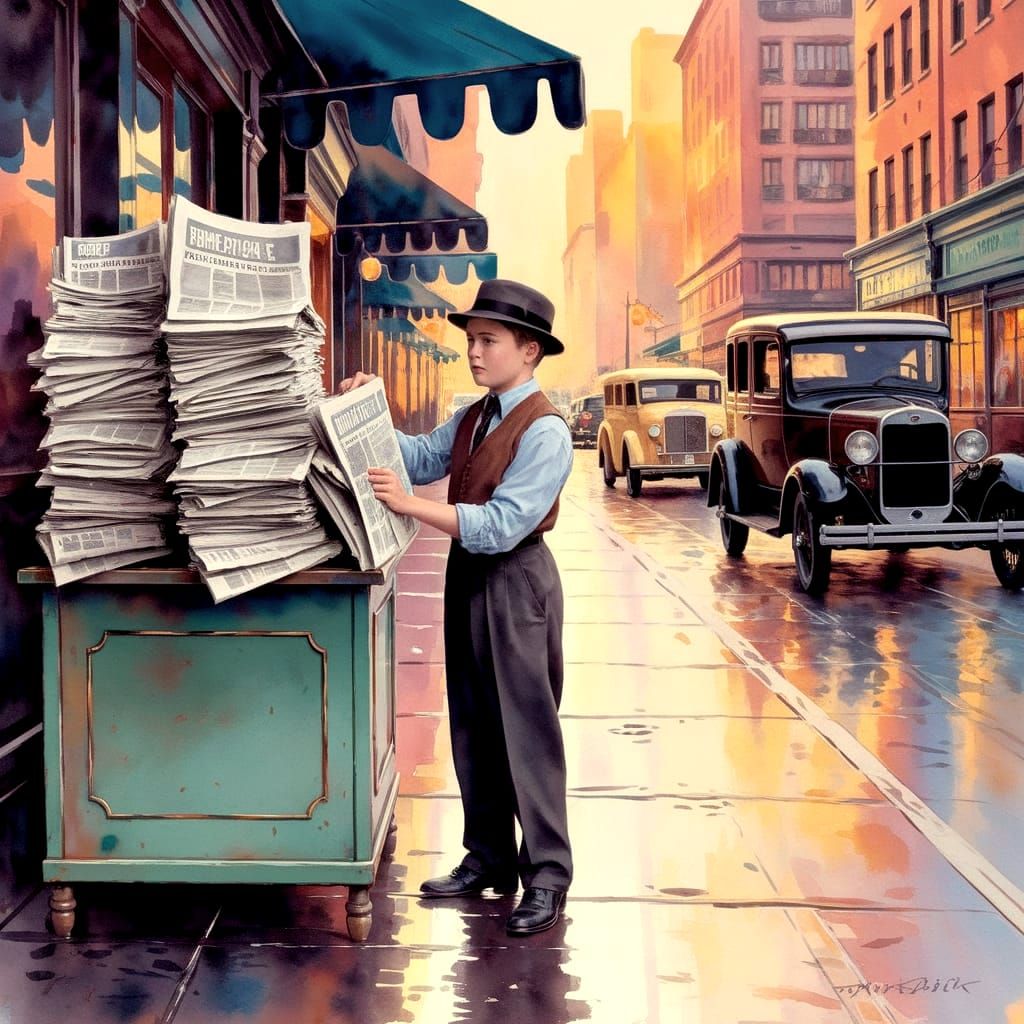 Impressionist Watercolor of 1920s Newsboy at a Bustling Down...