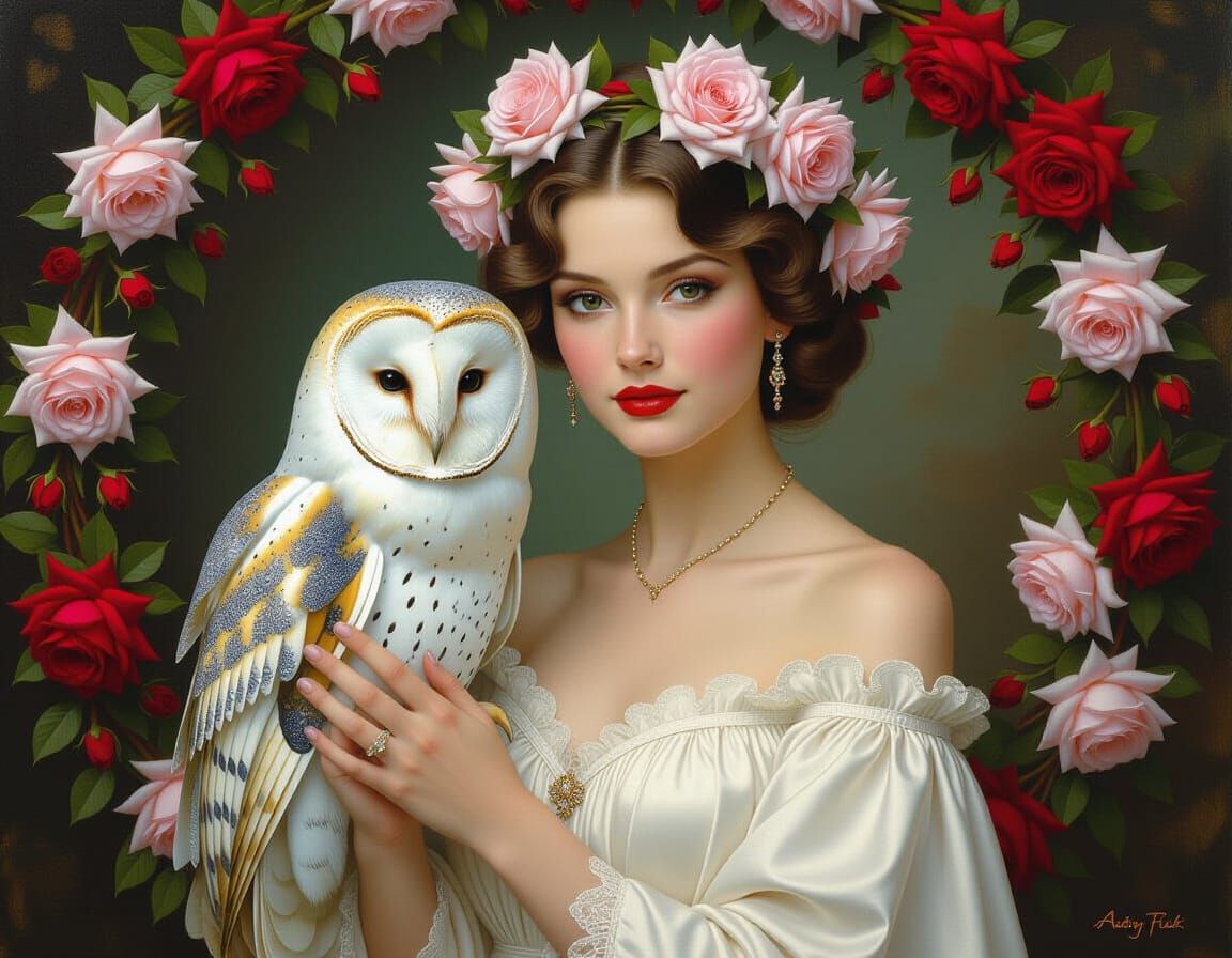 Woman with Owl and Roses in Photorealistic Style