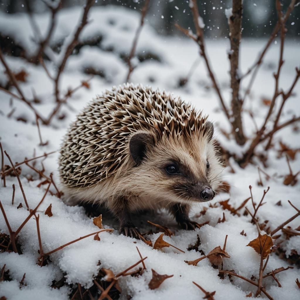 Cute Baby Hedgehog in Snow, Cinematic Film Still