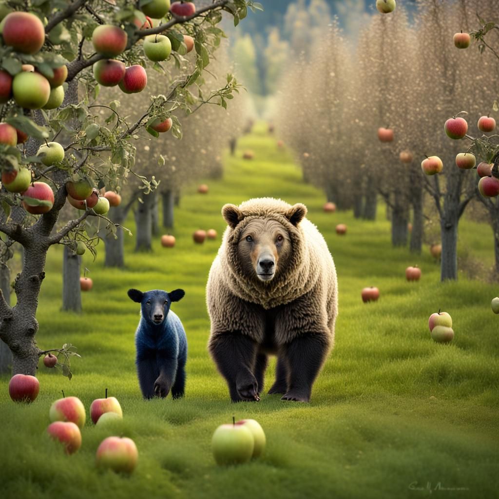 Bear and Sheep Friends in Apple Orchard