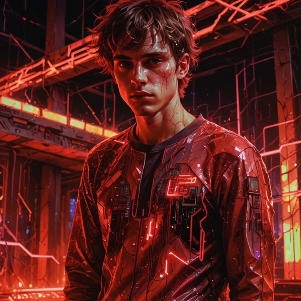 Scruffy Man in Glitched Cyberpunk Landscape: Surrealist Art