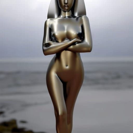 Metal Statue of Woman Emerging from Sea