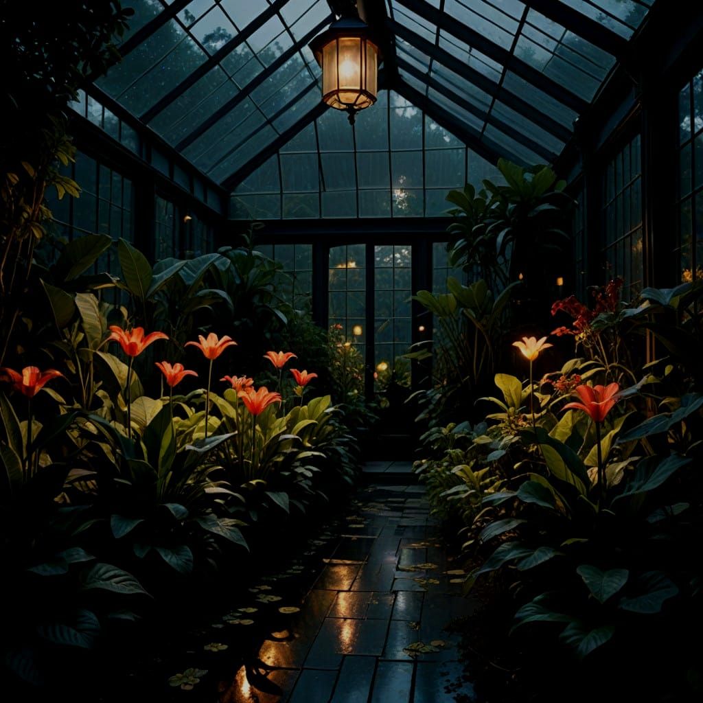 Surreal Nighttime Greenhouse Scene in a Dark Color Palette
