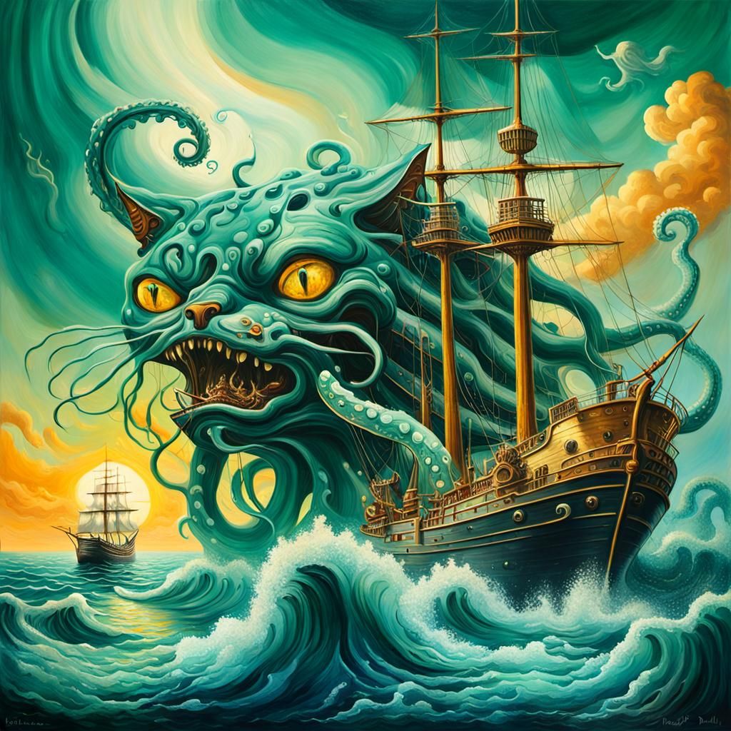Cat Kraken Attacks Ship in Surrealist Style
