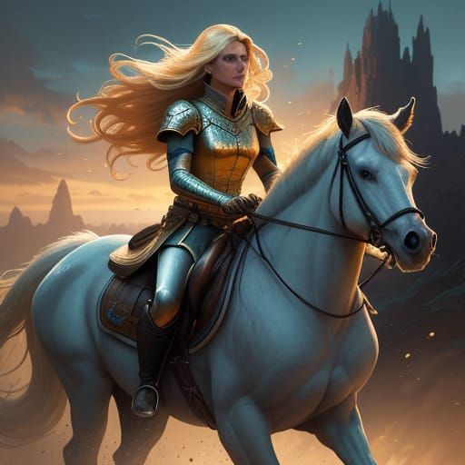 Beautiful Blonde Woman Riding Horse in Fantastical Landscape