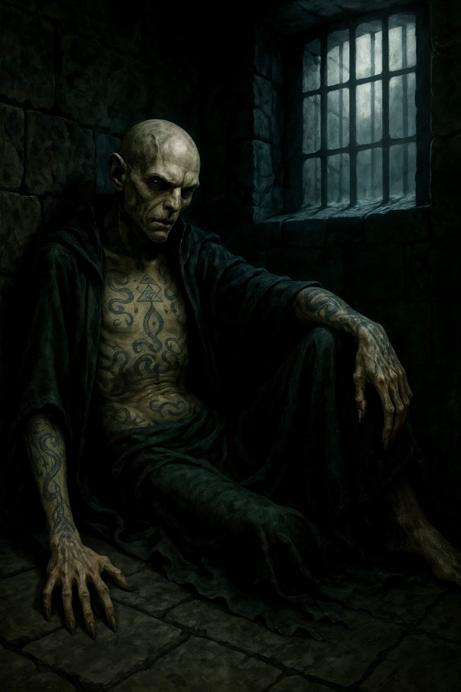 Captive Sorcerer in Desolate Prison Cell