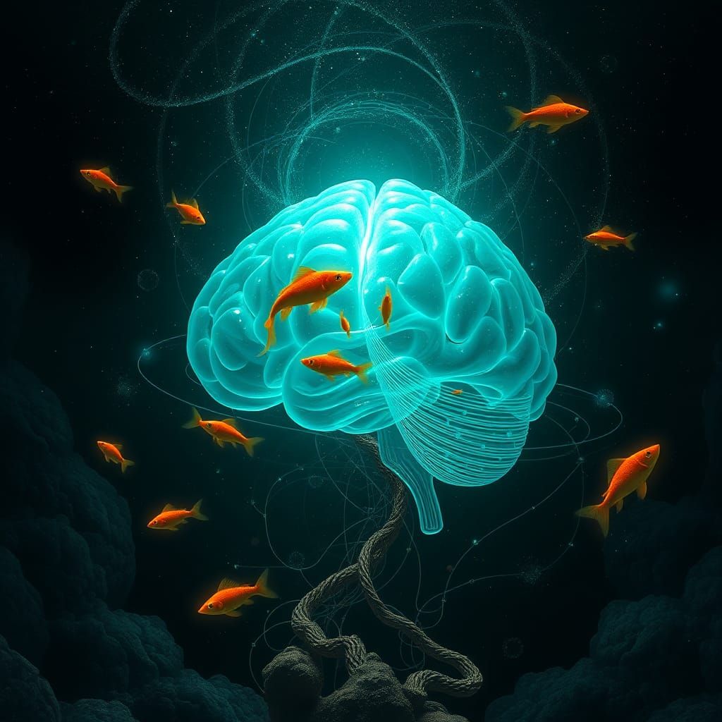Surreal Teal Brain with Orange Fish in Dreamlike Scene