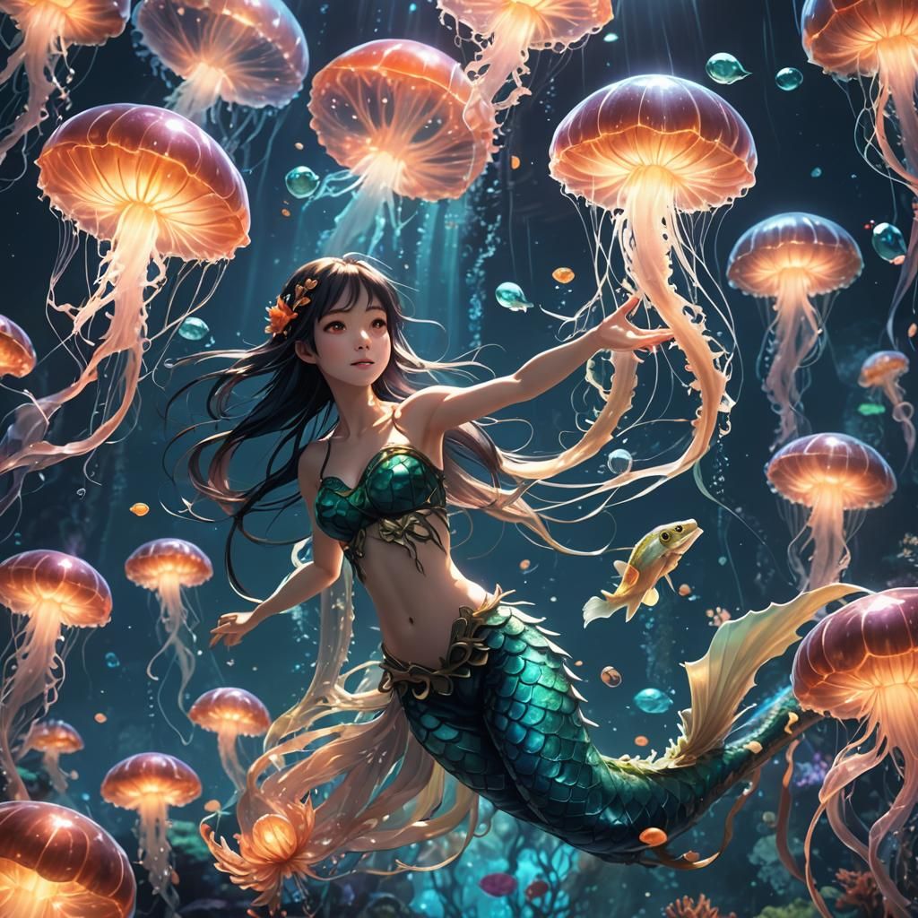 Mermaid and Water Dragon in Luminous Anime Art