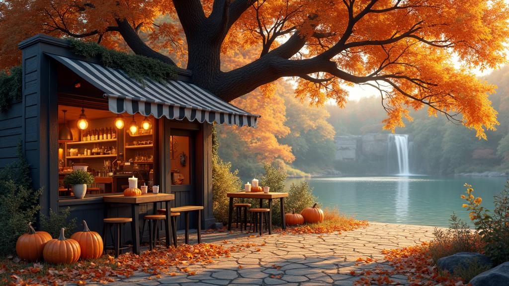 Autumn Coffee Shop by Waterfall, Hyperrealistic Landscape