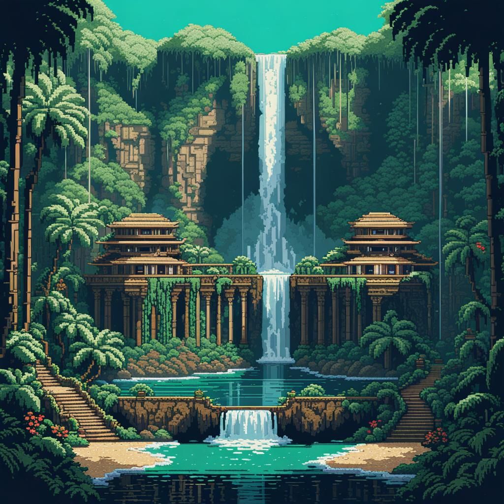 Tropical Paradise Waterfall in 8-bit Pixel Art