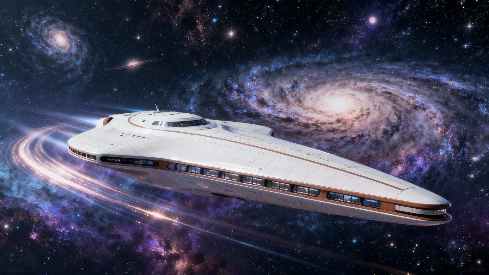 Ultra-Sleek Starship Gliding Through Vibrant Galaxy