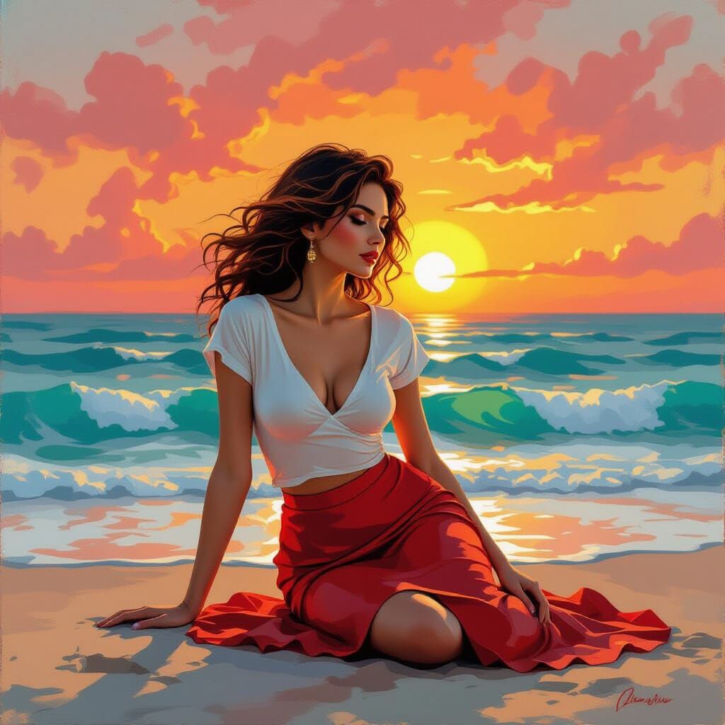 A striking impasto painting featuring a captivating female f...