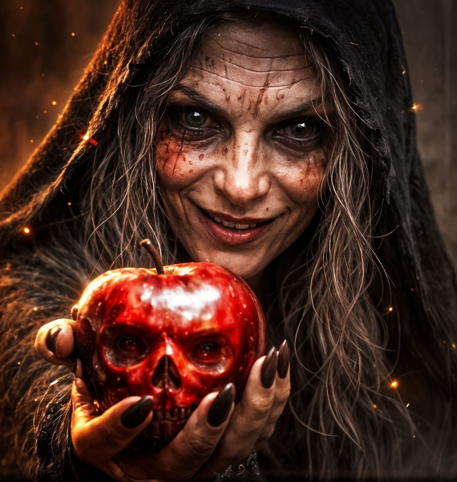 Haggard Witch Offers Shiny Red Apple in Dark Fantasy