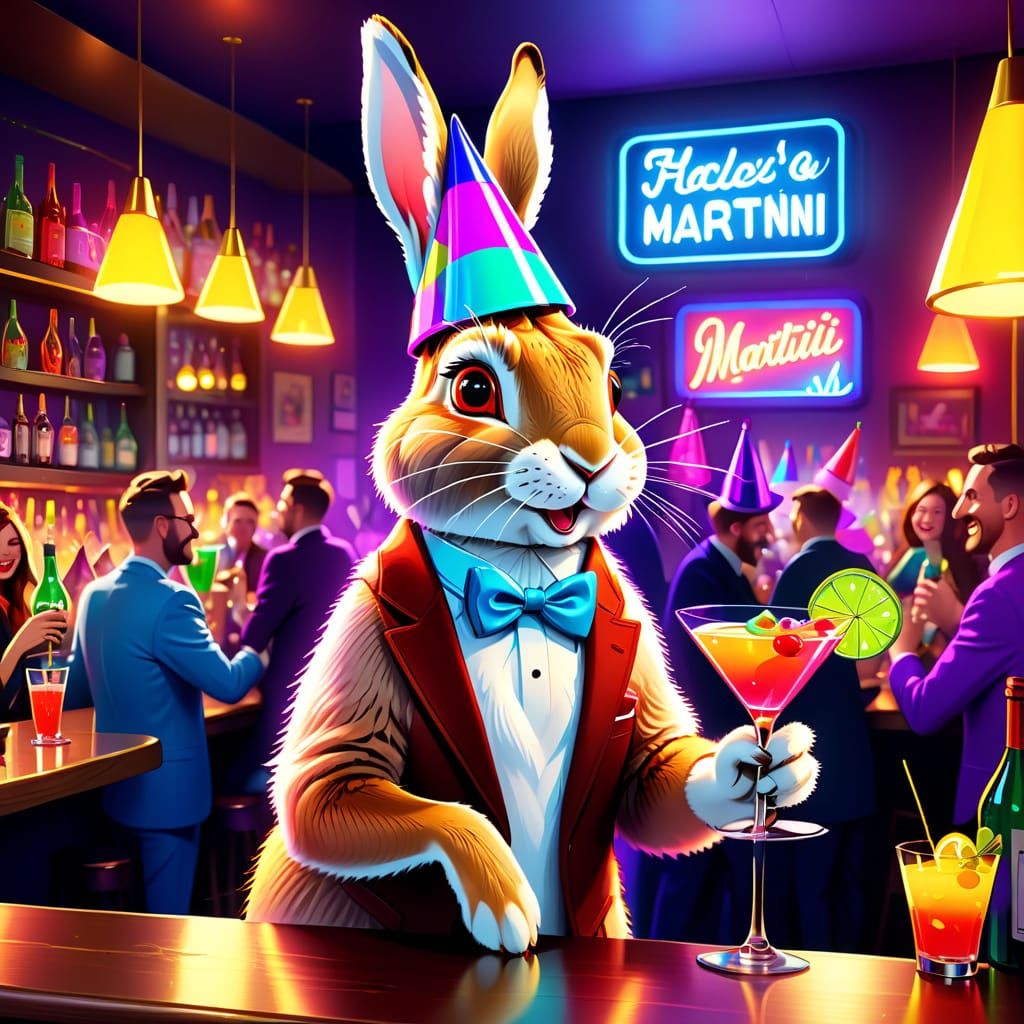 Vibrant Cartoon Hare in a Festive Bar Scene
