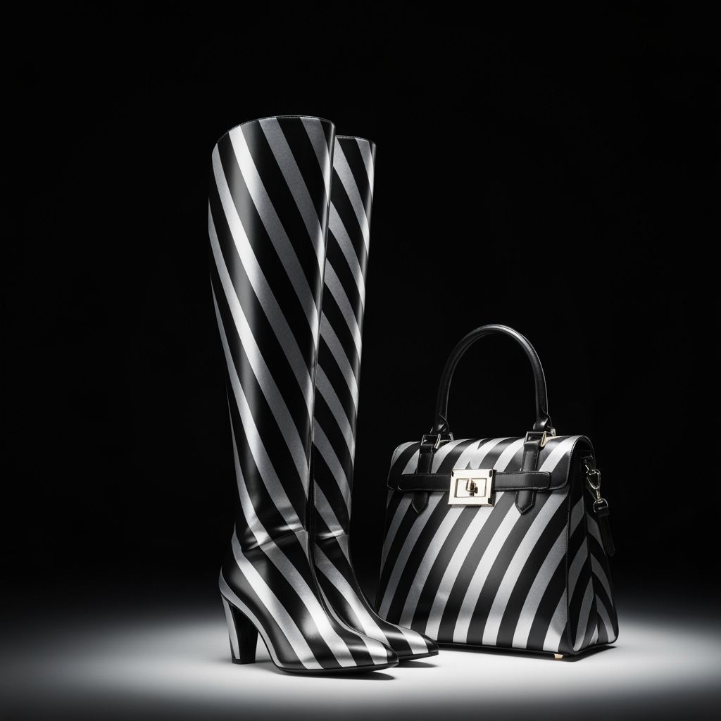 Sleek Silver and Black Striped Boots and Handbag Set