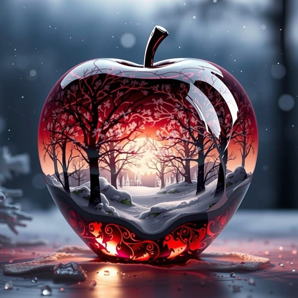 A majestic crystal apple, its facets glinting like a thousan...