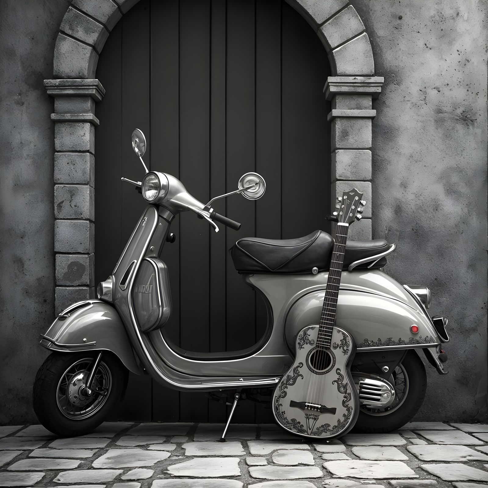 Vintage Vespa and Guitar in Gothic Filigree Style